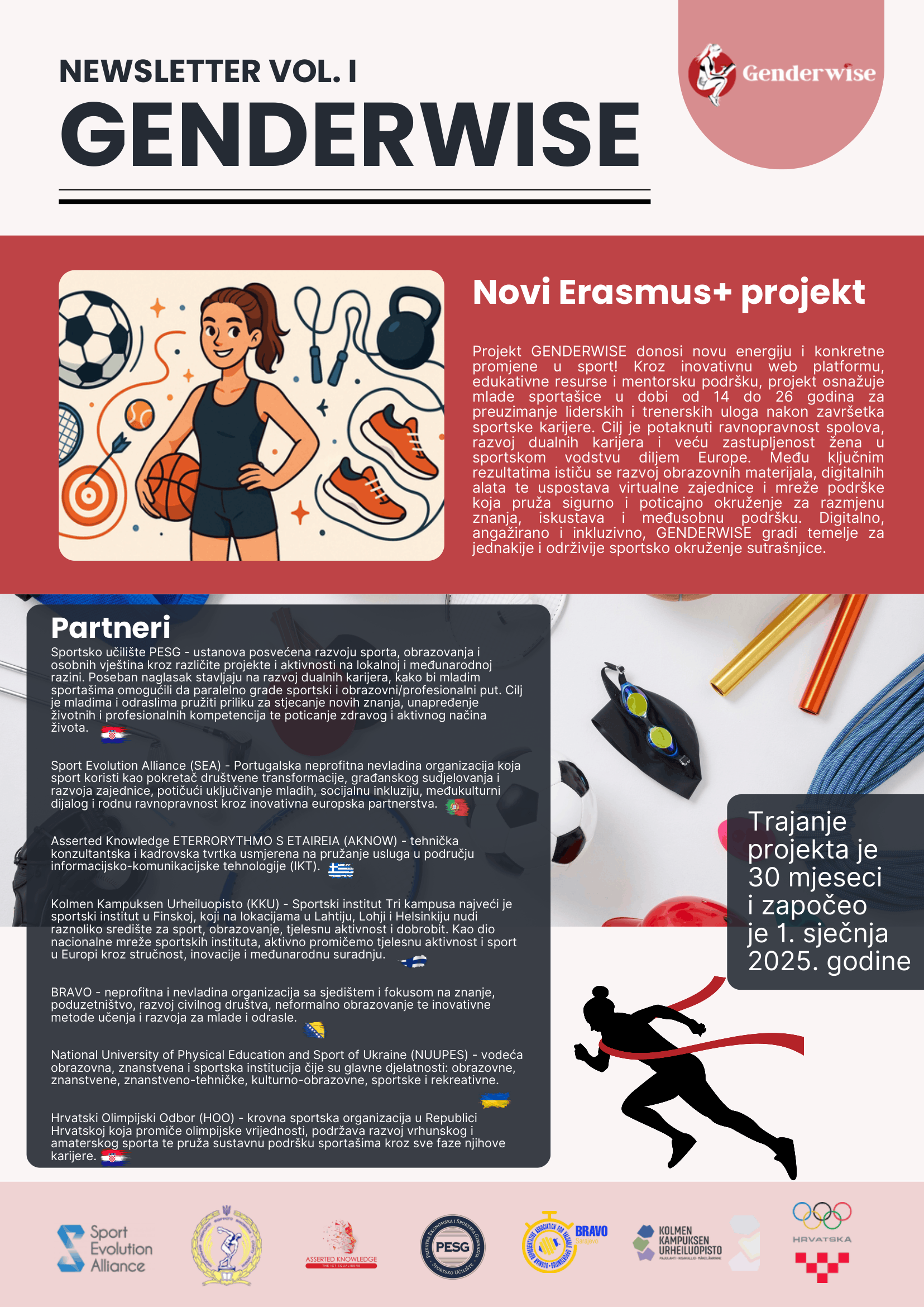 Poster-style hero about the Genderwise project with a bold title, a female athlete illustration, and Croatian descriptive text blocks.