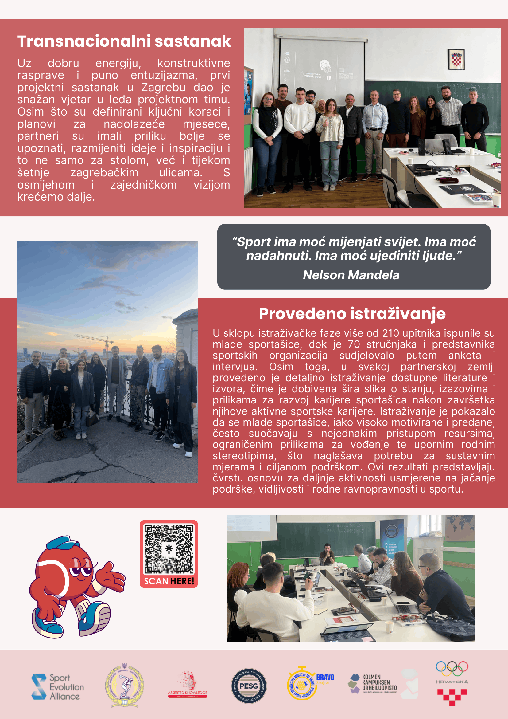 Collage-style Croatian editorial page: red header 'Transnacionalni sastanak', group photo in a classroom, and text blocks including a quote and a 'Provedeno istraživanje' section.