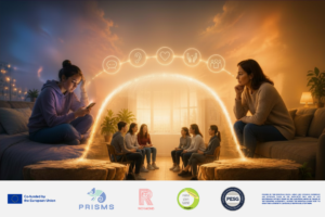 Group of young adults sit in a circle under a glowing neon arch with icons for chat, listening, heart, care, and community in a warm living room setting