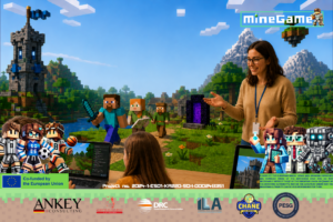 Banner for MineGame event featuring a real person explaining Minecraft in a colorful, game-like backdrop with Minecraft characters and logos on the bottom edge.