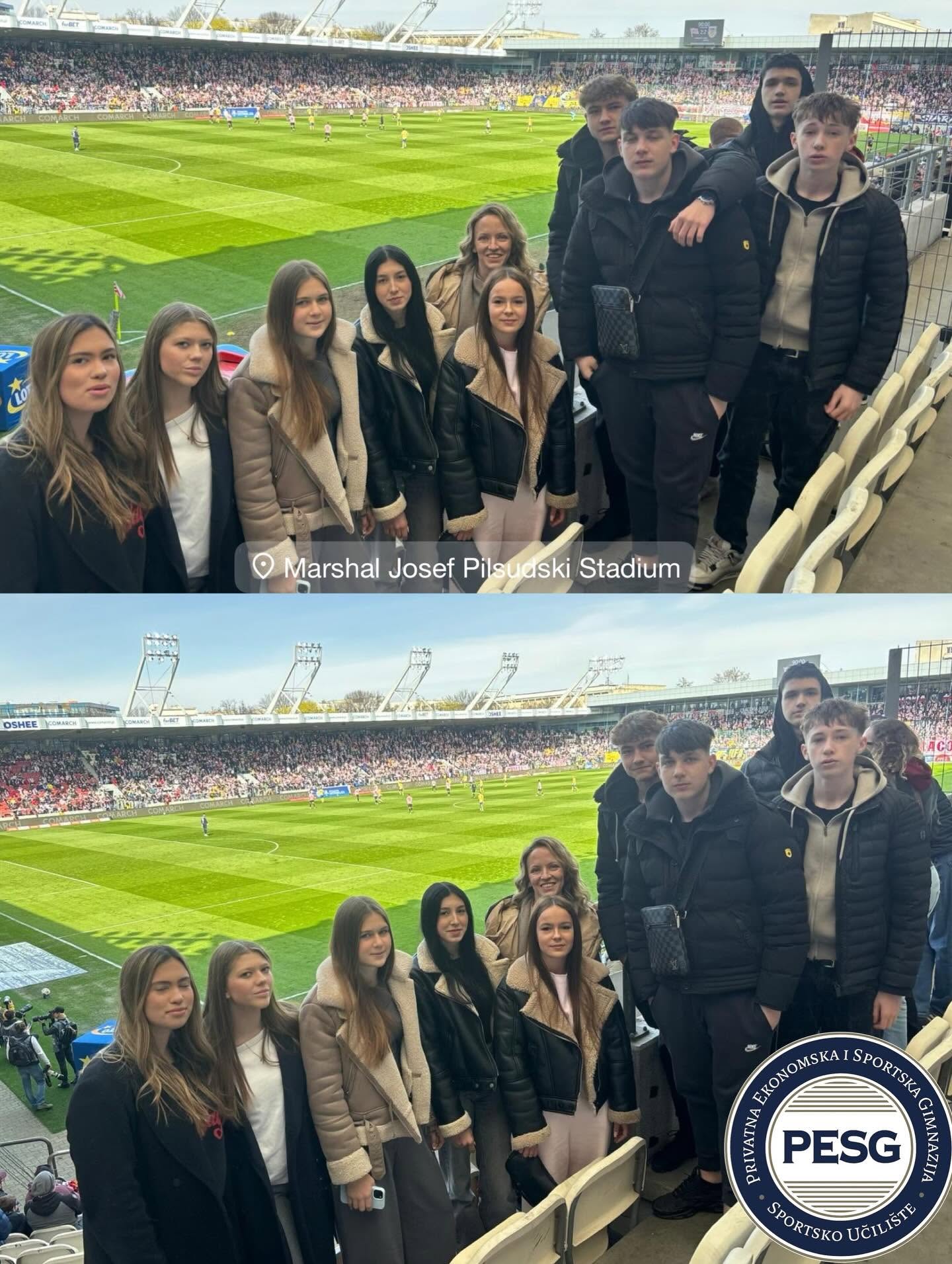 Group of teens posing in stadium stands with a soccer field behind them, at Marshal Jozef Pilsudski Stadium (PESG badge visible).