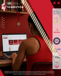 Woman in a red tank top using a laptop at a desk; 'genderwise' online course screen visible, with sponsor logos on the right edge.