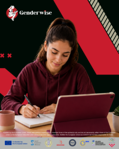 Young woman studying at a desk, writing in a notebook with a pink tablet nearby, Genderwise branding in the background at top left.