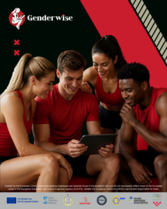 Group of four fit young adults in red activewear gather around a tablet, branding 'Genderwise' top left, bottom EU logos.
