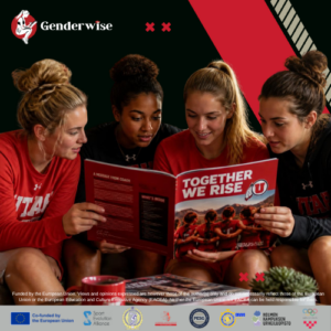 Four diverse female athletes wearing red Utah shirts sit together, reading a red magazine titled 'Together We Rise' with the Genderwise logo visible in the corner.