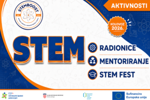 Poster advertising STEM activities with a large blue 'STEM' title and bullet items: Radionice, Mentoriranje, STEM Fest, plus AKTIVNOSTI banner.