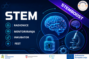 STEM promotional banner in blue tones featuring a glowing brain and lab icons, listing Radionice, Mentoring, Inkubator, Fest, with sponsor logos at bottom.
